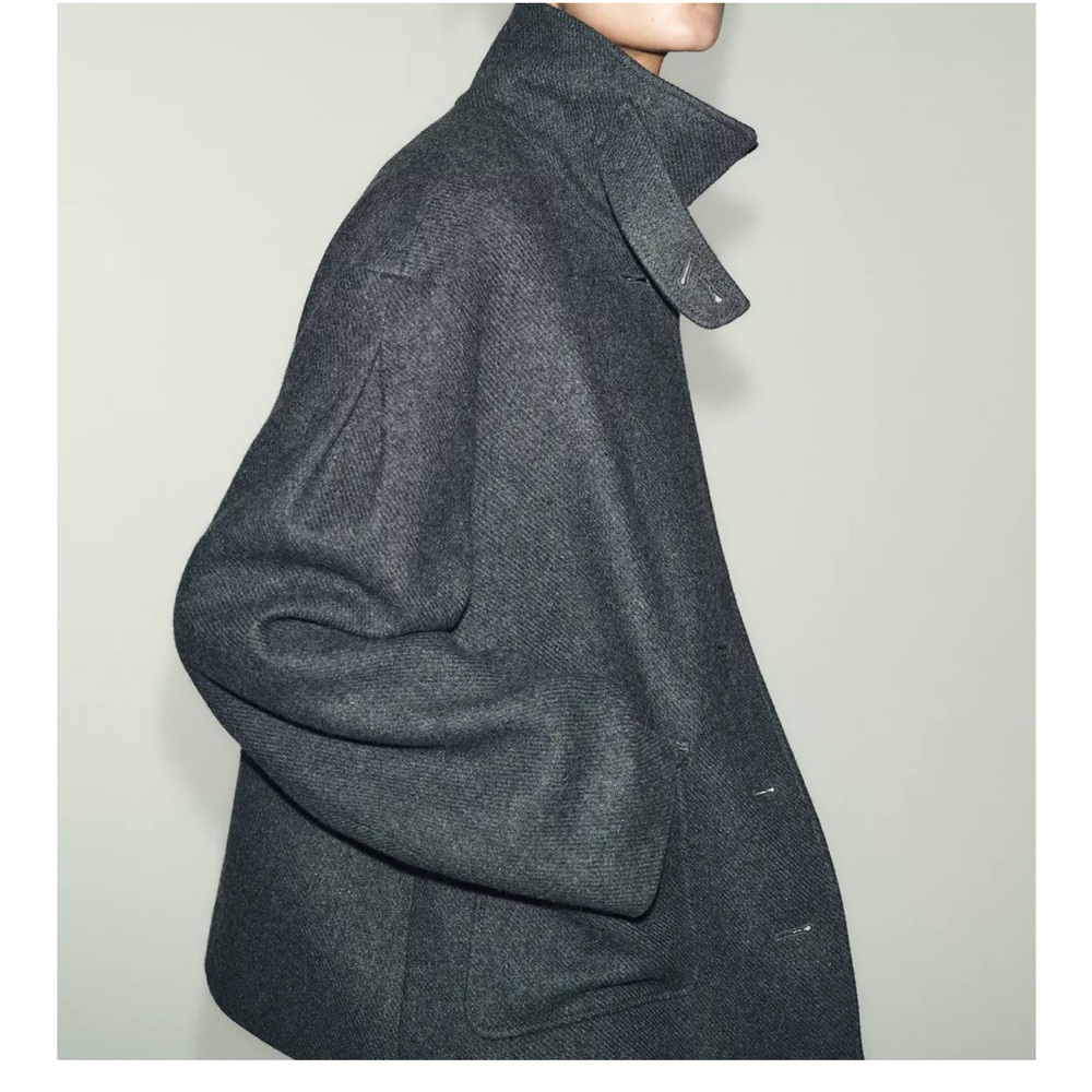 NWT ZARA Wool Blend Grey Funnel Neck Coat.  Size M